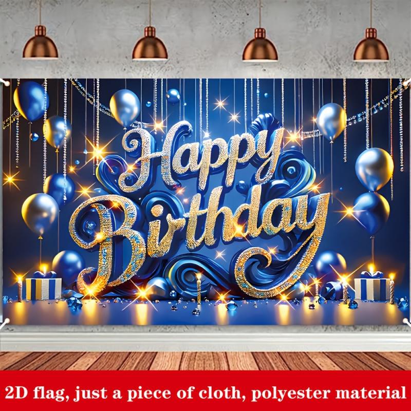 1pc, 2Dflat, Birthday Decorative Banner In Blue and Gold Theme, for Family Birthday Parties and Birthday Celebrations, Wsj