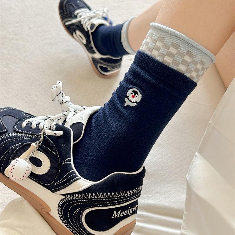 Penguin Socks Medium Tube Socks Tide Cartoon Embroidery Flocking Lace Cute Pure Cotton Stacking Socks
