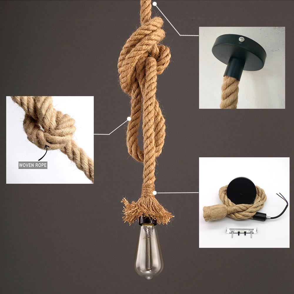 AC 95V-240V Retro Hemp Rope Pendant Light Vintage E27 LED Bulb Industrial Pendant Lamp Decor Hanging Lamp Indoor LED