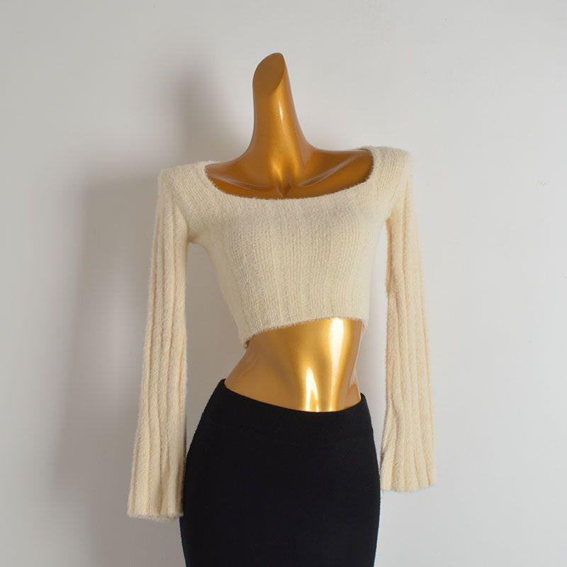 Fall and Winter Mink Velvet Sexy Square Collar Sweater Knitwear Women's Clothing Silm Short Sexy Lace Lace-up Long Sleeve Tops