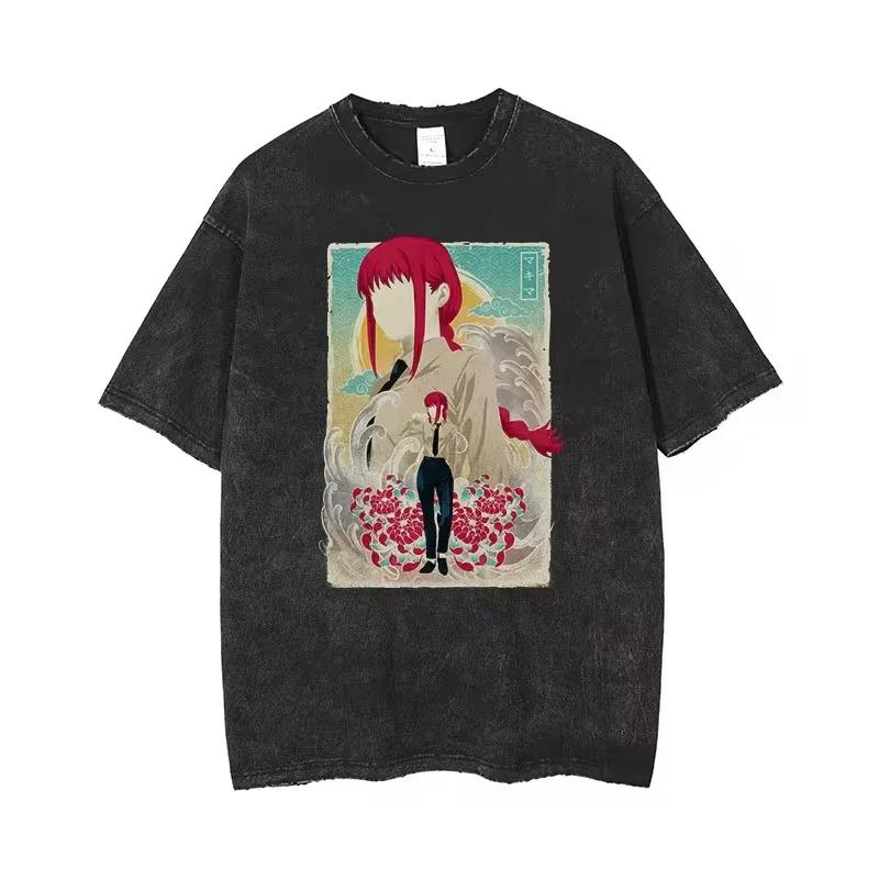 Couple short sleeved T-shirt Anime Chainsaw Man Acid T-shirt Retro Vintage Gewassen Bedrukt Grafisch T-shirt Heren Korte Mouw T-shirt Tops L