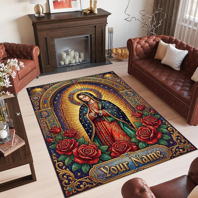 Virgin Mary Theme Crystal Velvet Rug Personalized Custom Name Text Soft Floor Mat Home Decor