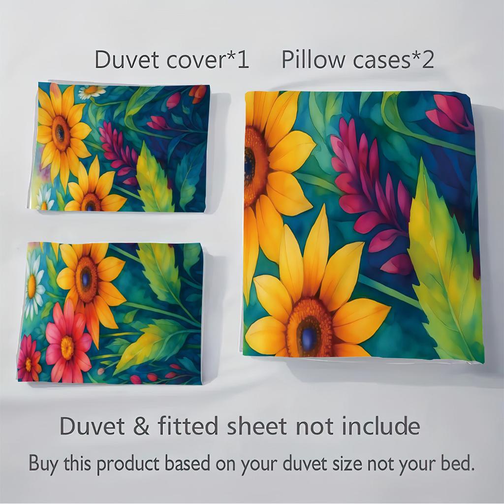 Dreiteilige Sonnenblumen-Bettwäsche mit Sandfinish, Blumendeckenbezug, Digitaldruck-Bettwäscheset