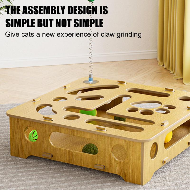 Cat Puzzle Toy Cat Toys Puzzle Wood Box with Feather and Balls Indoor Sports Entertainment Hunting Interactive Spring Cat Teaser