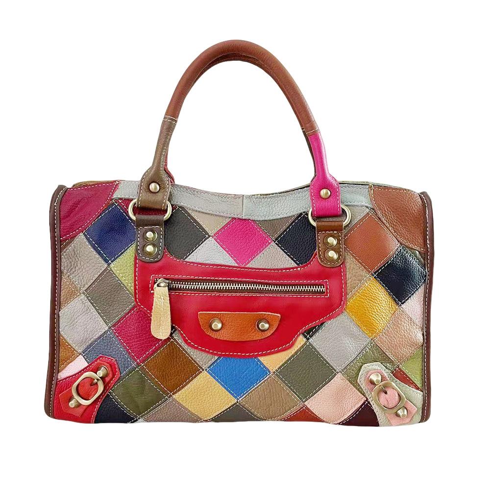 Style Sub-Leather Women'S Bag Handbag Colored Cowhide Rhombus Splicing Shoulder Messenger Bag Casual Big Bag