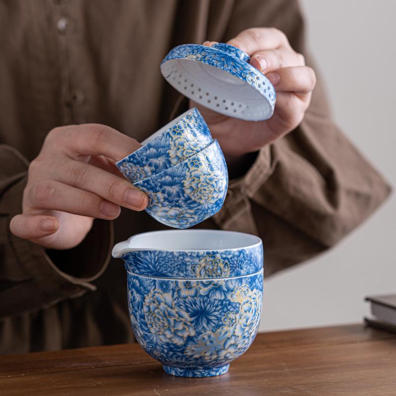 Enamel Travel Tea Set One Pot Three Cups Outdoor Portable Quick Tea Cup Pink Multicolor Tea Cup Gift