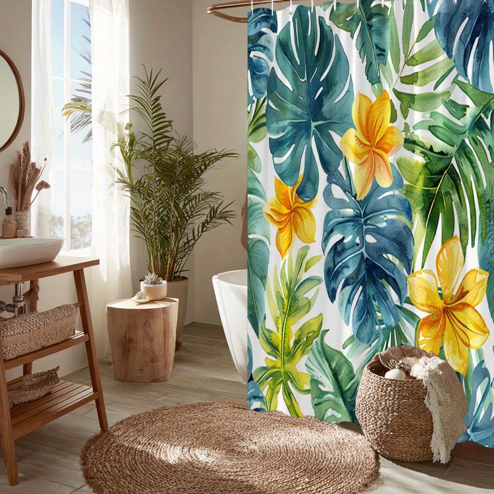 1 Piece Tropical Monstera Shower Curtain Blue Leaves Yellow Plumeria White Background Lush Exotic Foliage Decorate Bathroom