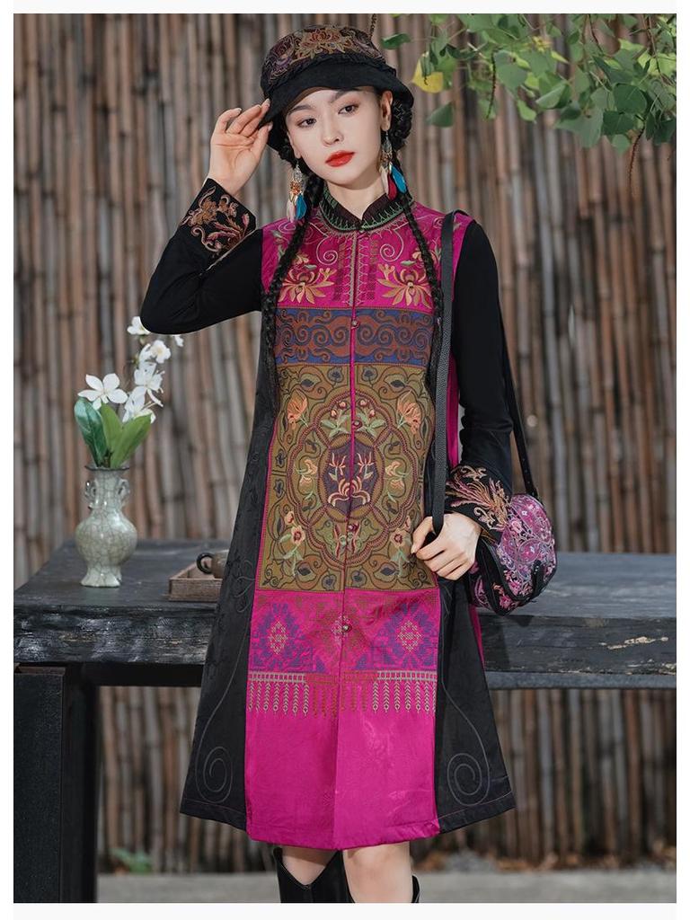 Damen Retro Floral Bestickte Lange Weste - Ärmelloser Ethno-Mantel