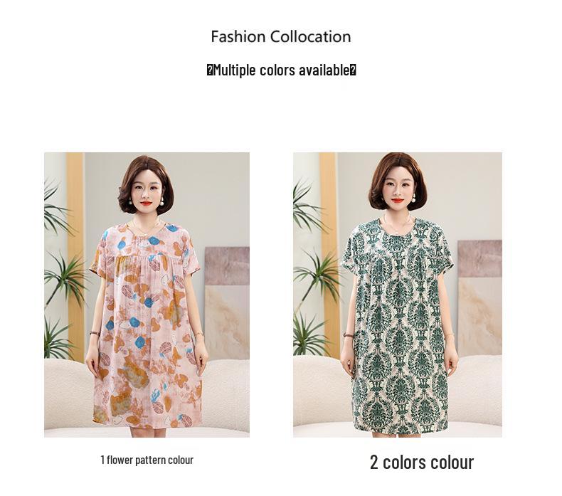Floral Print Cotton Silk Knee-Length Dress for Middle-Aged Women – Lightweight, Short-Sleeved, Loose-Fit, Plus Size