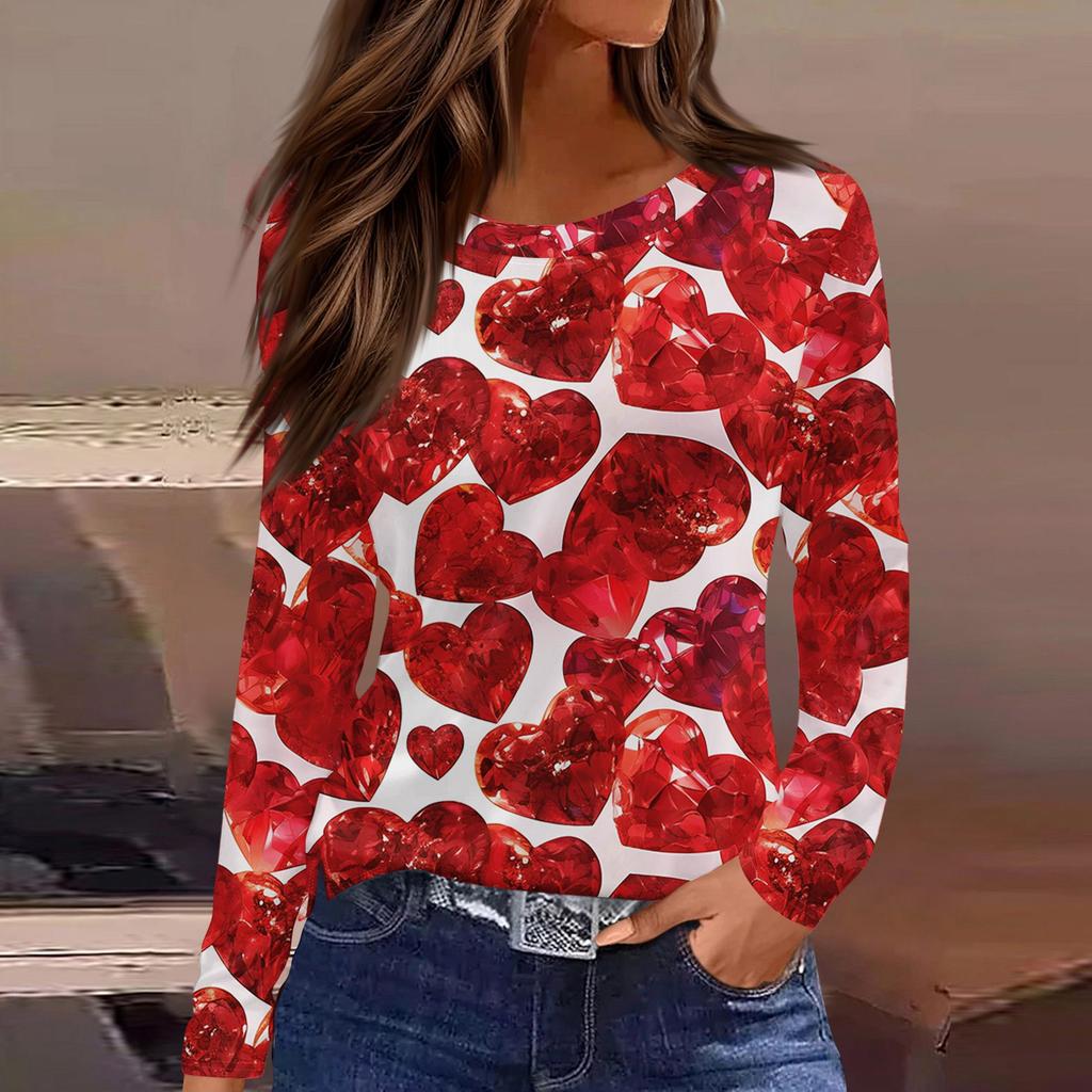 Women's Fashion Casual Slit Hem Round Neck Long Sleeve Loose Printed T-Shirt Ladies Top