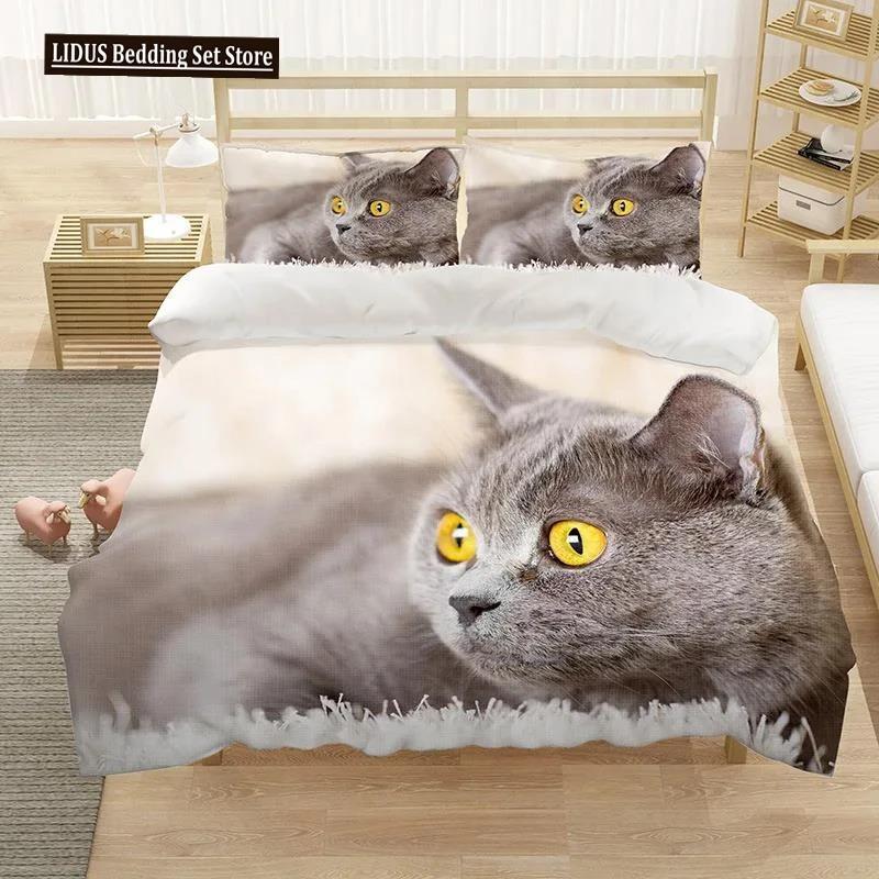 Härligt Sällskapsdjur Katt Sängklädesset Djurtryckta Överdrag Enkelt Dubbelt King Queen Storlek Påslakan Kitty Mönster Polyester Quiltöverdrag