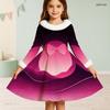 Girls White Fur Collar Long Sleeve Bow Black Gold Printed A Line Flared Dress