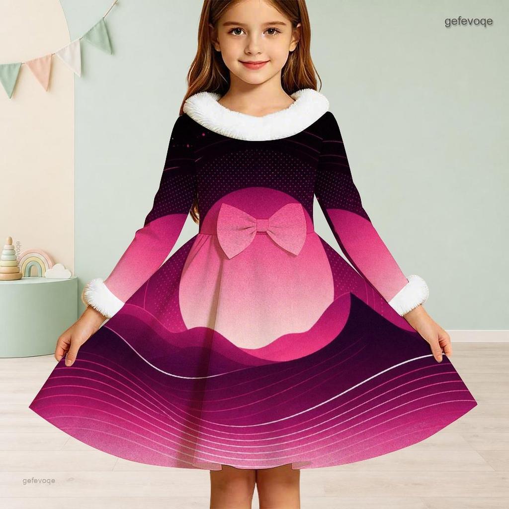 Girls White Fur Collar Long Sleeve Bow Black Gold Printed A Line Flared Dress