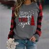 Women's Fashion Plaid Patchwork Christmas Print Round Neck Long Sleeve T-Shirt Top