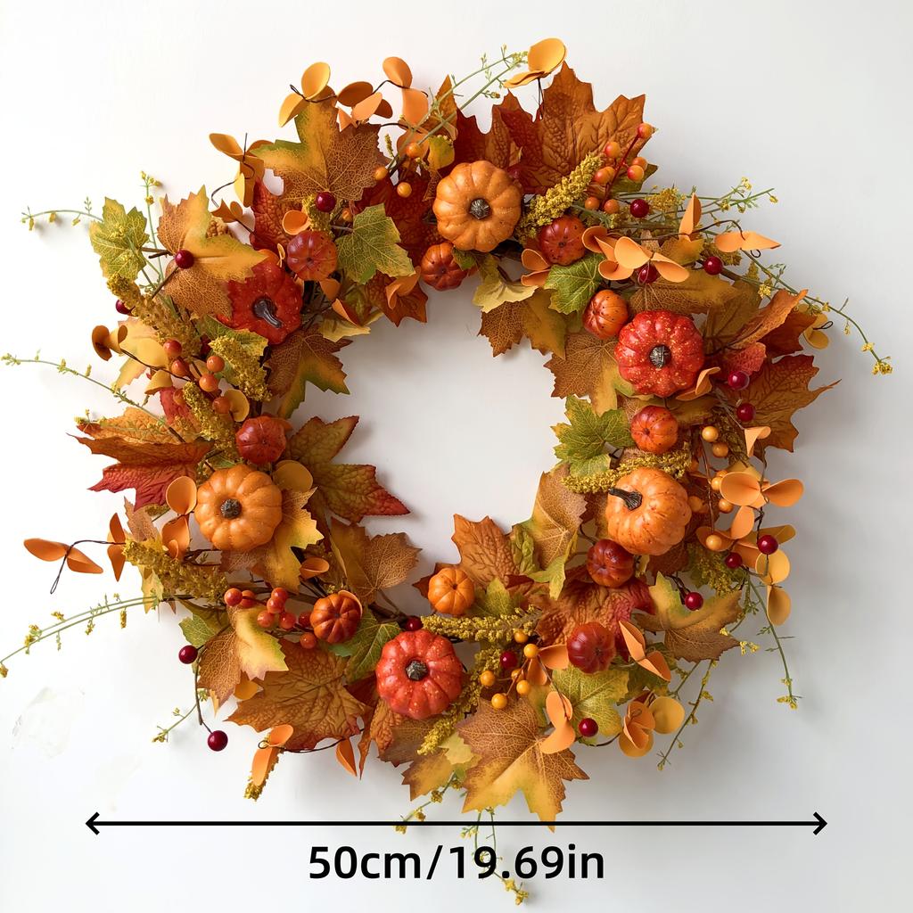 Autumn Harvest Wreath with Pumpkins & Berries. Durable, No Maintenance. Perfect for Thanksgiving & Halloween Decor.