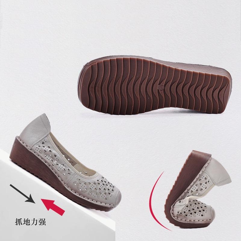 New genuine leather wedged sandals women's breathable summer autumn shoes elderly woman slip on shallow moccasins ladies sandal