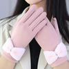 1 Pair Bowknot Decor Thickened Solid Color Women Gloves Autumn Winter Double-sided Fleece Touch Screen Driving Gloves
