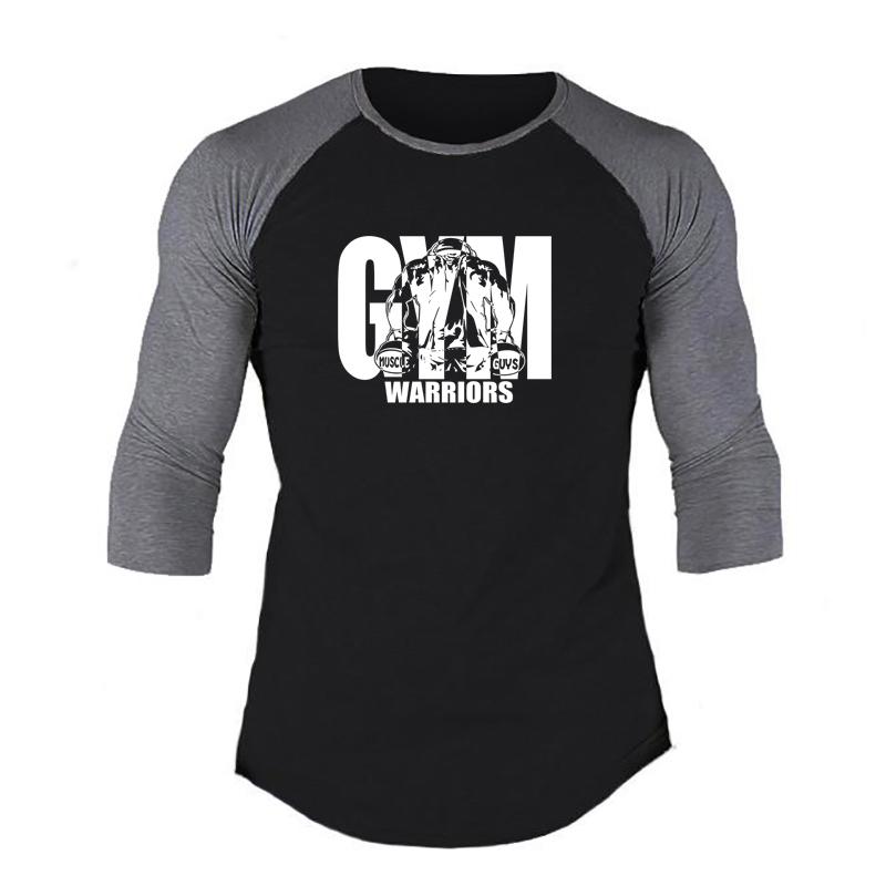 Muscleguys Gym Warriors Clothing Mens Running T-shirt Spring Autumn Three Quarter Sleeve T Shirt Patchwork Fitness Tee Shirts Sports Tshirt