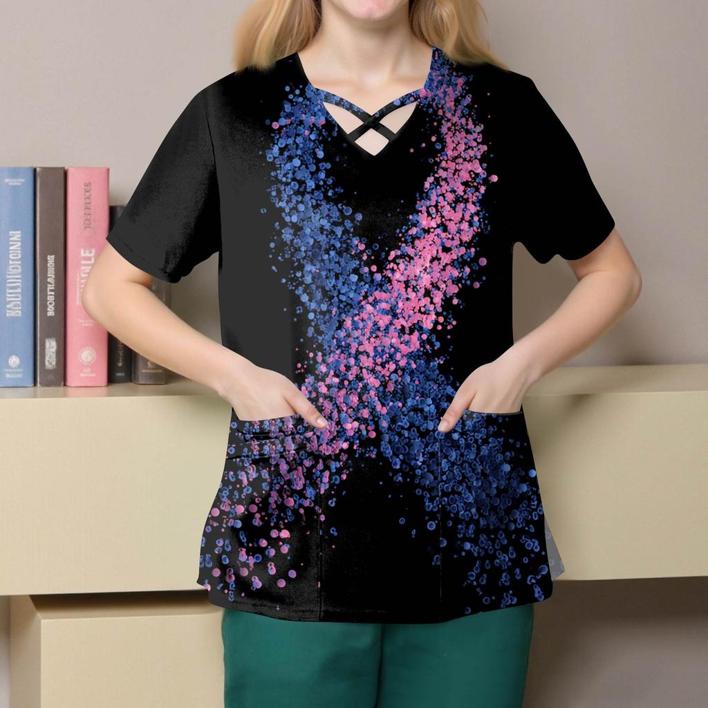Women's Fashion V-Neck Short Sleeve Overalls Double Layer Pocket Printed Tops Apparel
