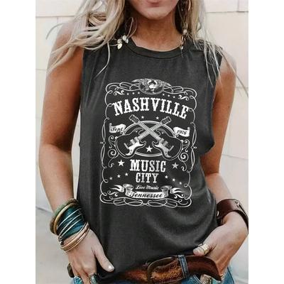 Damen Tanktop mit Gitarren- und Buchstabenaufdruck für den Außenbereich, Streetwear, Country-Konzert, Damenmode Tanktop, Alltags-Casual Ärmelloses Top