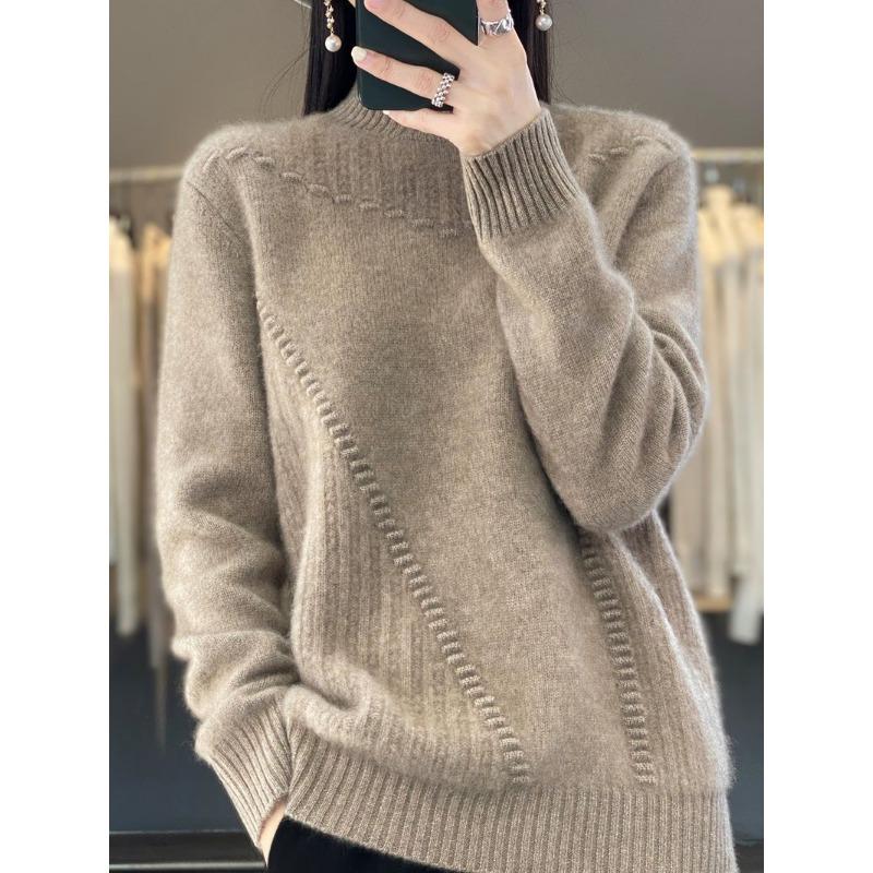 Women's Solid Color Thickened Drum Wave Sweater Pullover Half High Neck Inside and Outside Fashion Bottom Women's Sweater