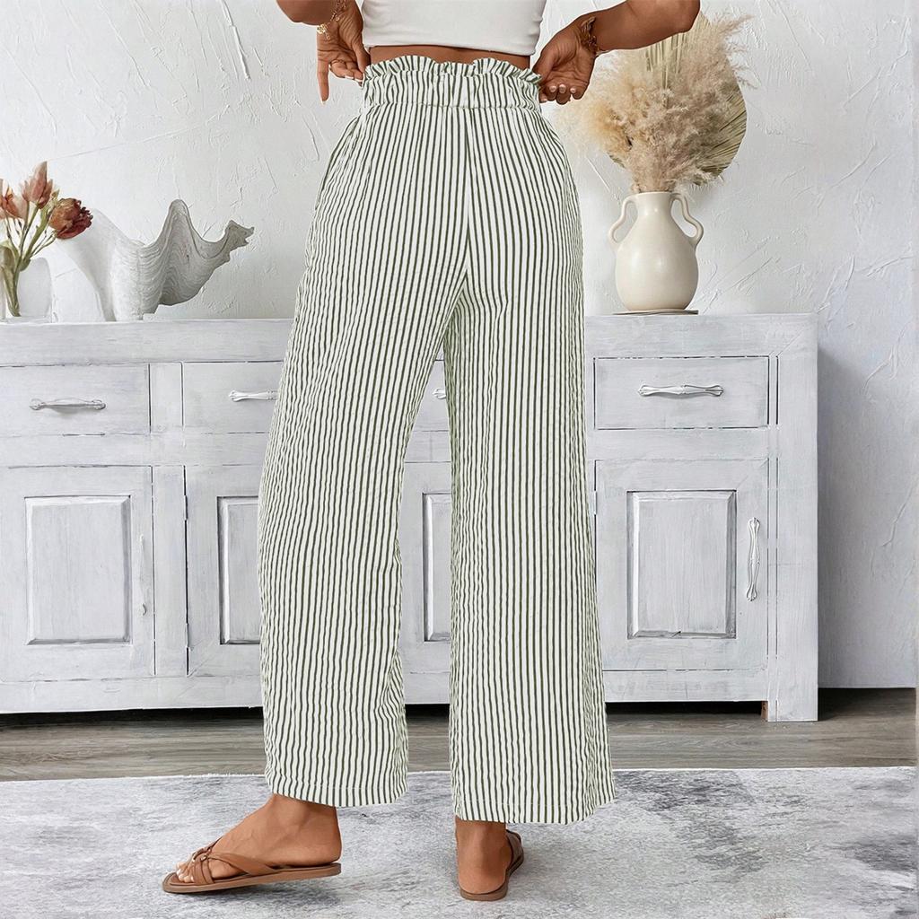 Women's Fashionable Striped Strap Pocket Elastic Waist Straight Leg Casual Pants