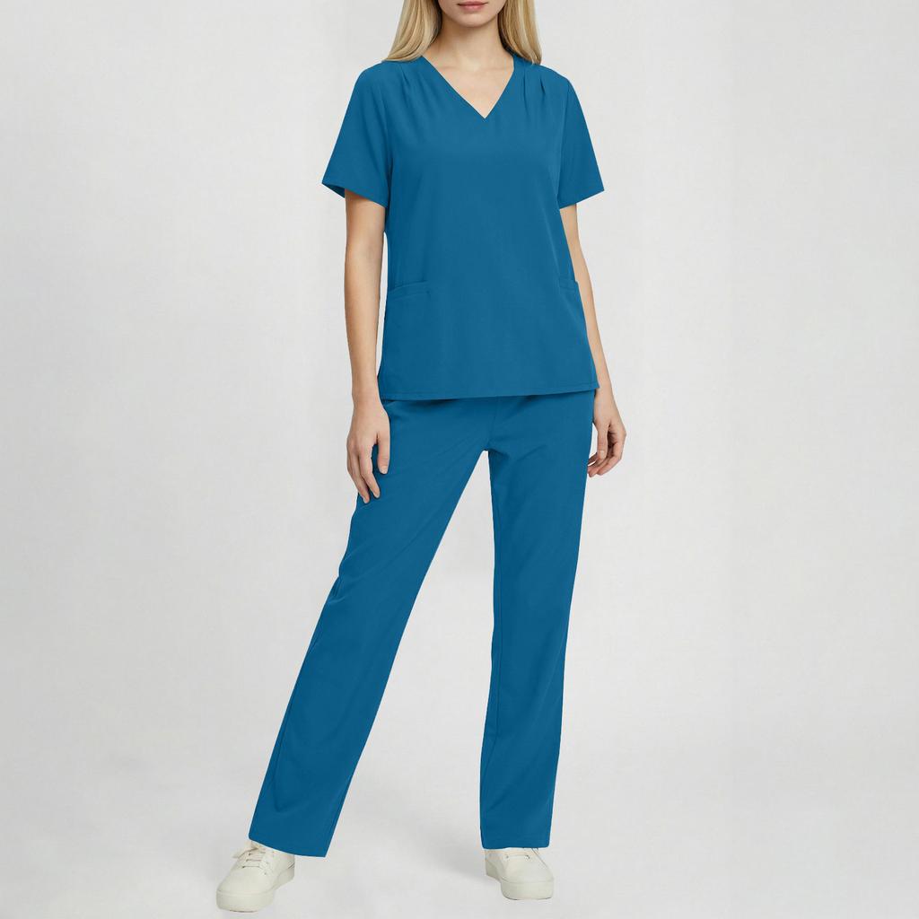 Mode Femme - Ensemble de Travail à Manches Courtes et Col en V de Couleur avec Poche