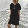 In-Stock European & American Summer Solid Color Casual Lapel Button Shirt Dress for Women