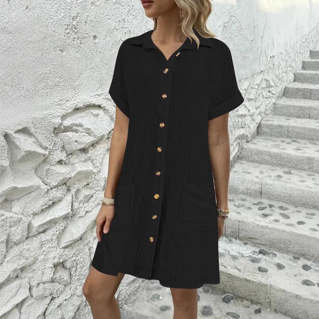 In-Stock European & American Summer Solid Color Casual Lapel Button Shirt Dress for Women