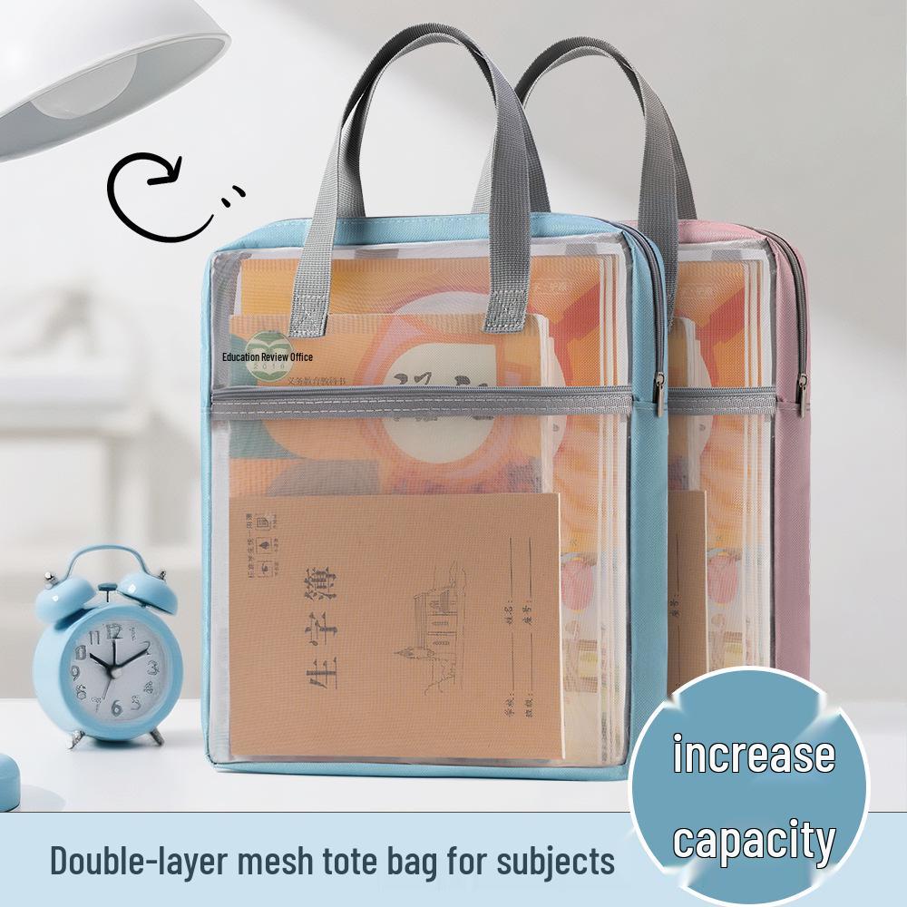 Double Layer Mesh Tote: Large Capacity Transparent A4 Document Bag for Student Textbook Storage