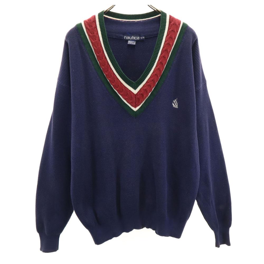 NAUTICA 90s Old Tilden Long sleeve V neck sweater XL Navy knit Men's Used