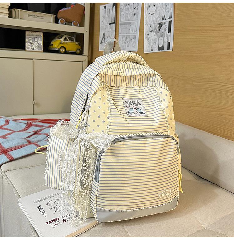 Mochila estilo universitario japonés para chica, mochila a rayas frescas con encaje, mochila escolar para estudiante, gran capacidad, mochila casual para estudiante de secundaria