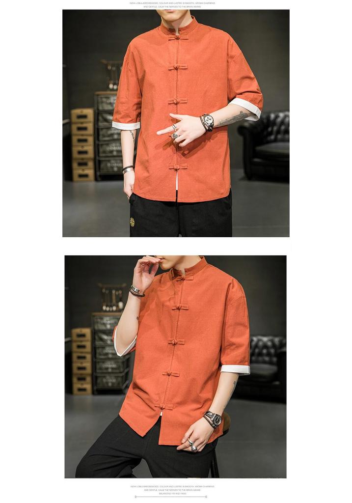Men’s Summer Ice Silk Chinese Buttoned Short-Sleeve Tang Suit Shirt, Cotton-Linen Hanfu Zhongshan Retro Style