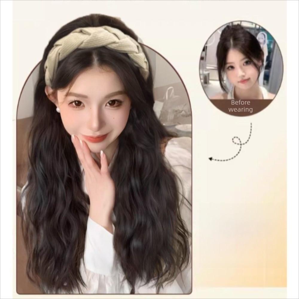 Clip in Half Headband Wig Korean Style Long Wavy Curly Hair Wide Knit Headband Wig Party