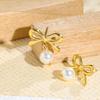 Personalized geometric design bow hanging pearl earrings fashion temperament elegant titanium steel earrings women