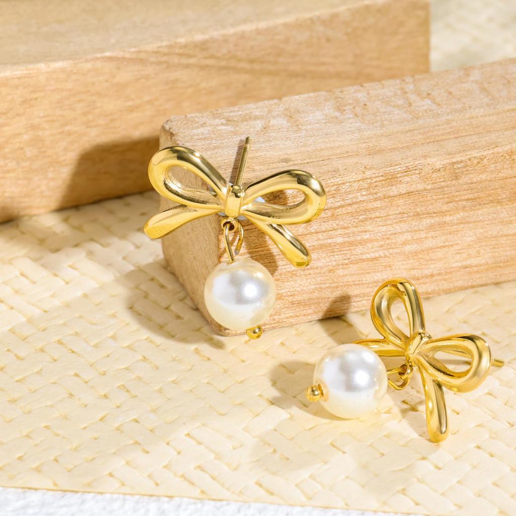 Personalized geometric design bow hanging pearl earrings fashion temperament elegant titanium steel earrings women