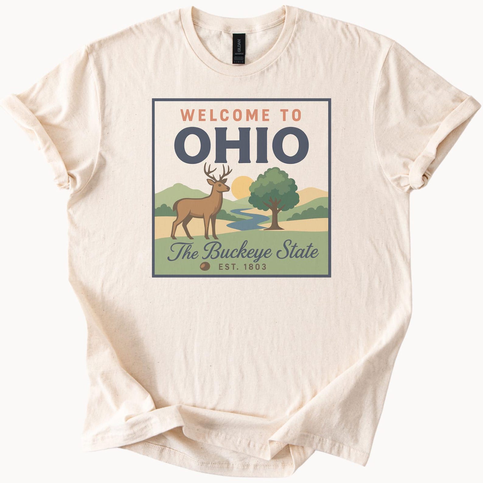 Ohio Buckeye State Welcome Graphic T Shirt Deer Nature Scene Ohio River Mountains Ohio State Apparel Gift for Traveler Ohio Souvenir Shirt 100