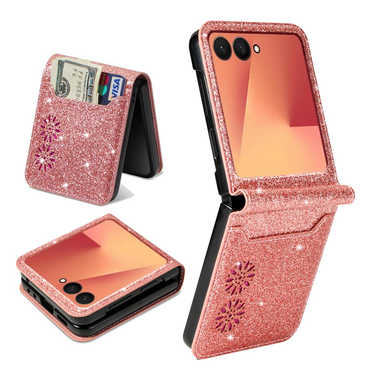 

Для Samsung Galaxy Z Flip7 5G Чехол Держатель для карт Звездное небо Резьба PU кожа+ПК Чехол для телефона Rose Gold