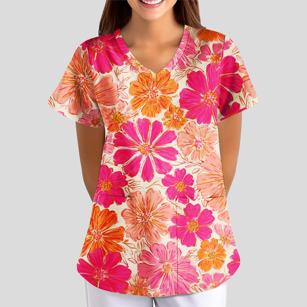 Women's Floral Print Loose V-neck Short-sleeved Uniform/ Uniform