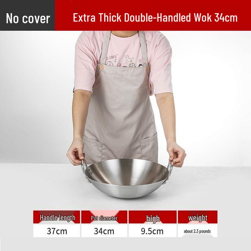 Extra Thick Stainless Steel Double Ear Wok - Large Round Bottom Pot for Commercial Kitchens, Gas Stove Compatible