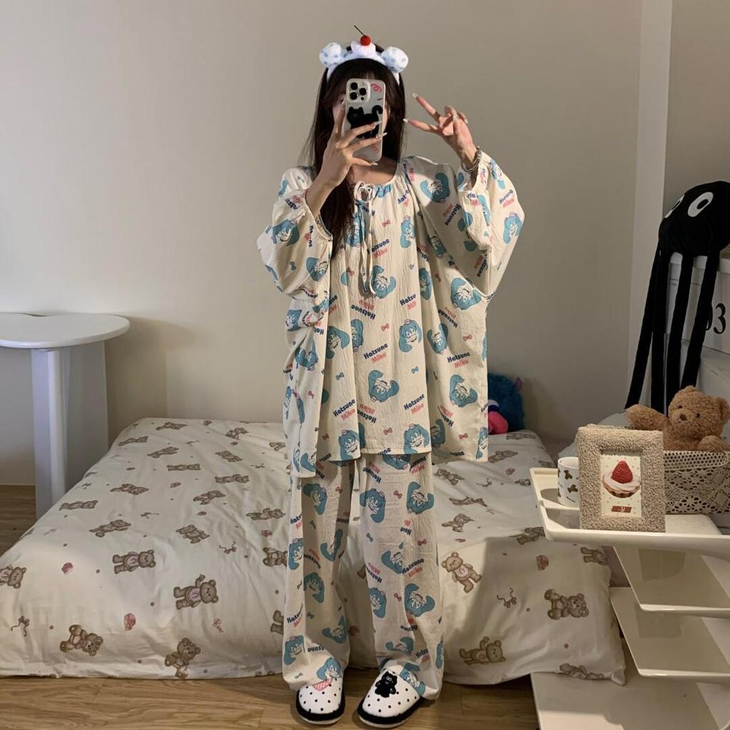 Women's Sweet Pure Cotton Pajama Set - Round Neck, Long Sleeve, Long Pants, Comfortable Home Wear for Spring & Autumn