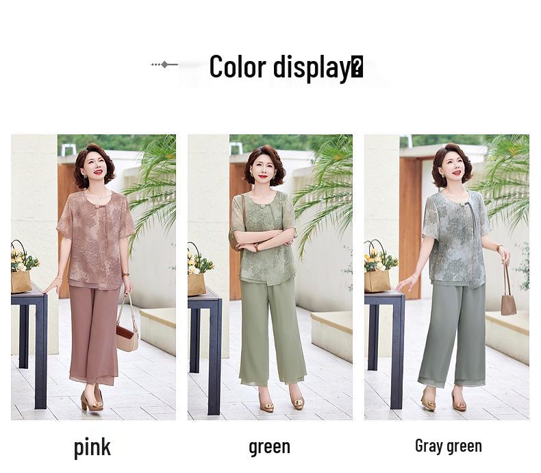 Summer 2025 Chiffon T-shirt & Blouse Set for Middle-Aged & Elderly Women - Fashionable Short-Sleeve Two-Piece