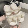 New Flip-flops, 2024 Summer Wear Muffin Platform College Bow Open-toed Pearl Women's Shoes, Campus Fashion Sandals