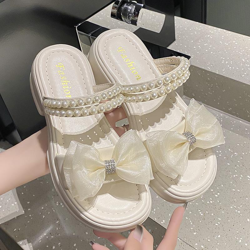 New Flip-flops, 2024 Summer Wear Muffin Platform College Bow Open-toed Pearl Women's Shoes, Campus Fashion Sandals