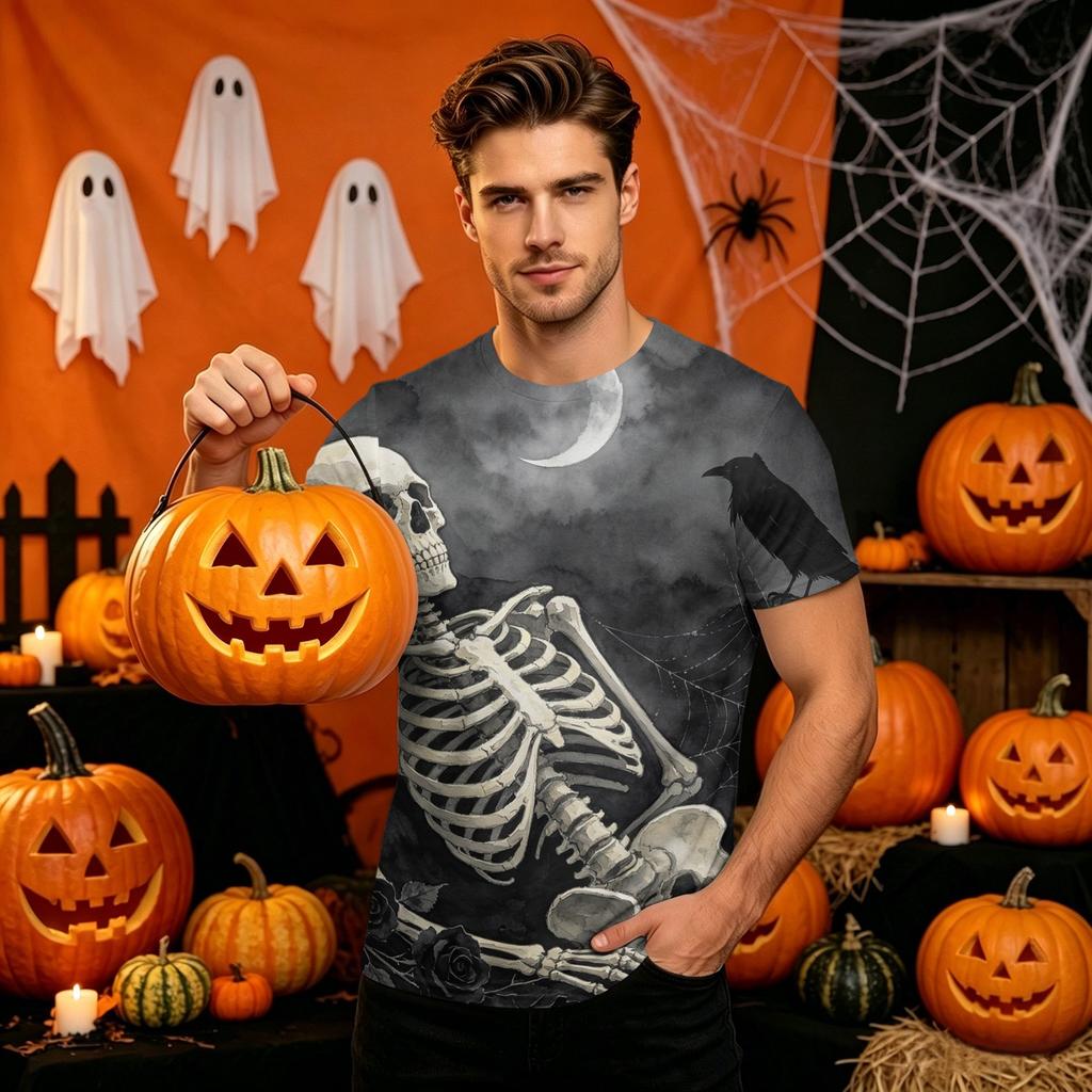 Men's Short Sleeve Halloween Print Round Neck T-Shirt for Casual Party Wear