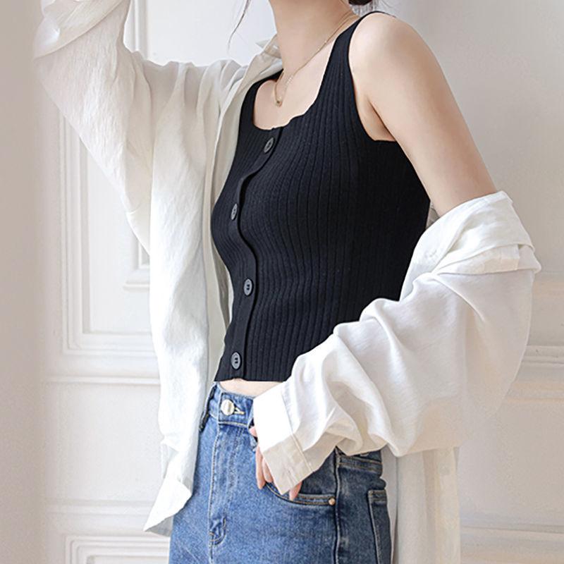 Square Neck Tank Top Knitted Crop Tops Women Summer Camis Button Camisole Fashion Casual Tube Female Sleeveless Cropped Vest