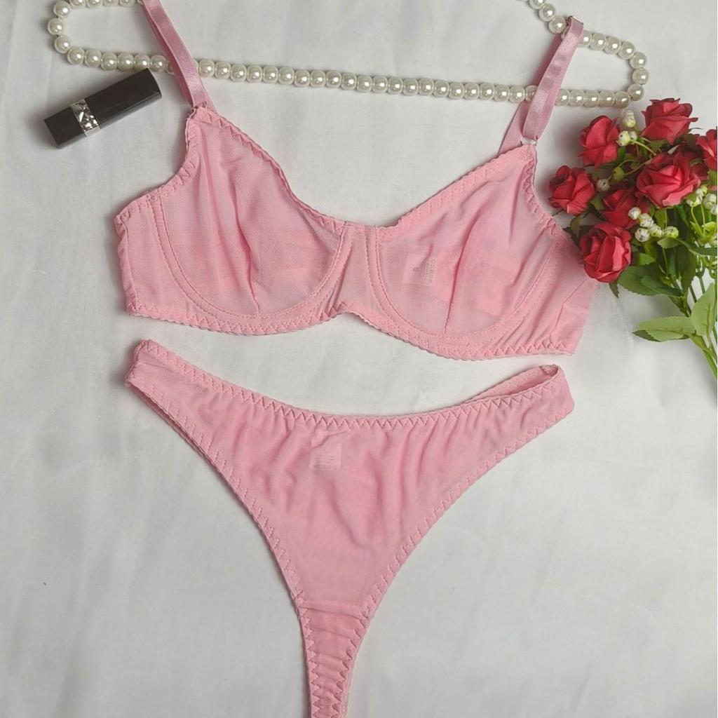 Sheer Mesh Bra & Thong Lingerie Set with Garter
