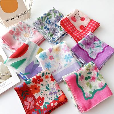 Foulard Imprimé Floral Femme Coton Lin Coréen Carré Foulards de Cou Élégants Petits Châles Bandanas Foulards de Tête 58*58Cm