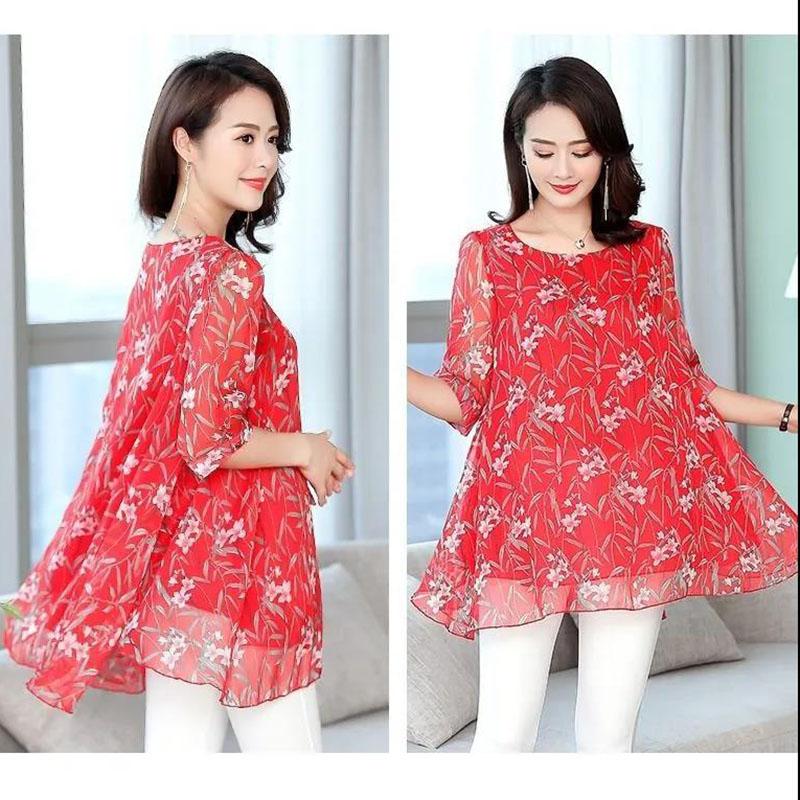 Damska letnia koszulka z krótkim rękawem, okrągły dekolt, damska bluzki, szyfonowa koszula, rękawy