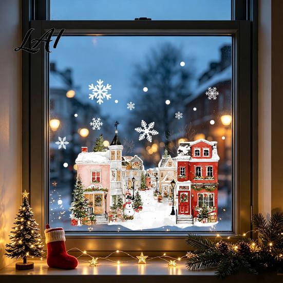 Glue Free Glass Adsorption Christmas Static Window Clings Snowy Town House Snowflake Decals Reusable Shop Decor Xmas Stickers Holiday for Home Cafe